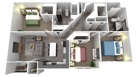 a floor plan of a two bedroom apartment with a bathroom and a bedroom with a bed and